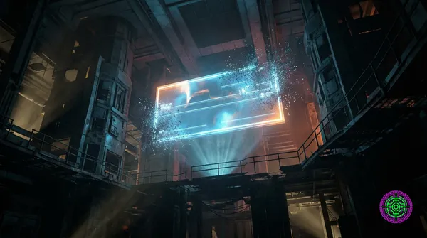 A glowing blue holographic check disintegrating into digital pixels above a dark semiconductor manufacturing floor.