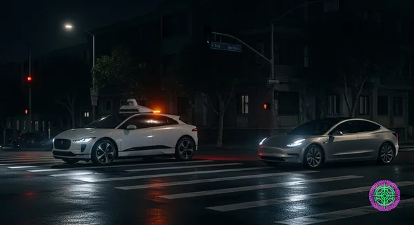 A frozen Waymo vehicle in a dark San Francisco intersection while a Tesla drives past during a blackout.