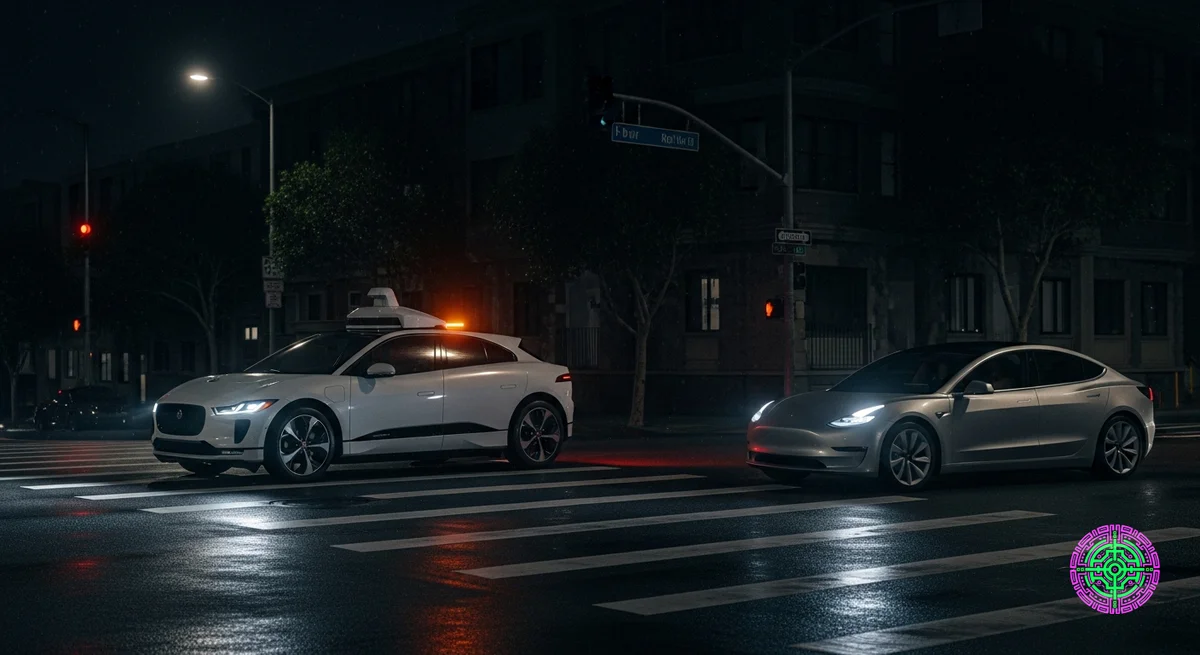 Un véhicule Waymo immobilisé à une intersection sombre de San Francisco tandis qu'une Tesla passe pendant une panne d'électricité.