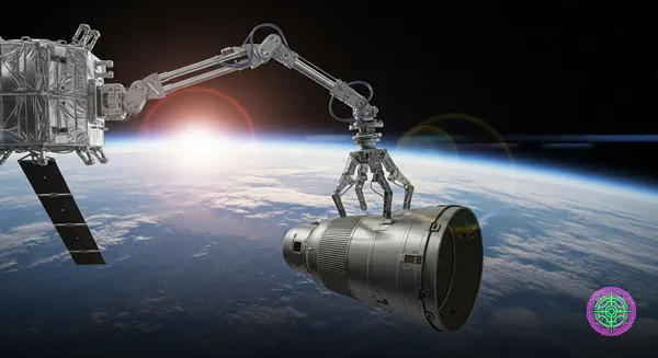 A robotic satellite extending a mechanical claw to capture space debris in orbit above Earth.