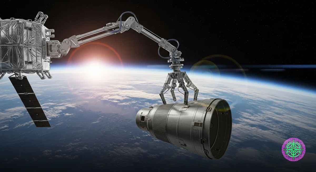 A robotic satellite extending a mechanical claw to capture space debris in orbit above Earth.
