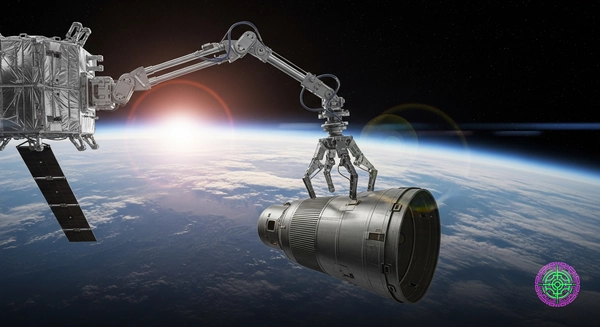 A robotic satellite extending a mechanical claw to capture space debris in orbit above Earth.