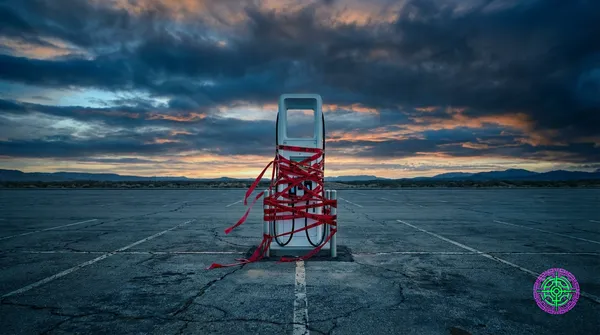 An EV charging station wrapped in red tape, sitting unused in an empty parking lot at dusk