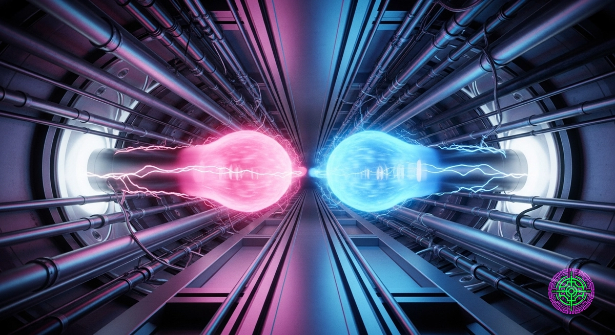 Two glowing plasma rings colliding in a Helion fusion reactor.