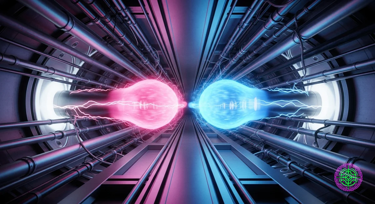 Dois anéis de plasma brilhantes colidindo em um reator de fusão Helion.