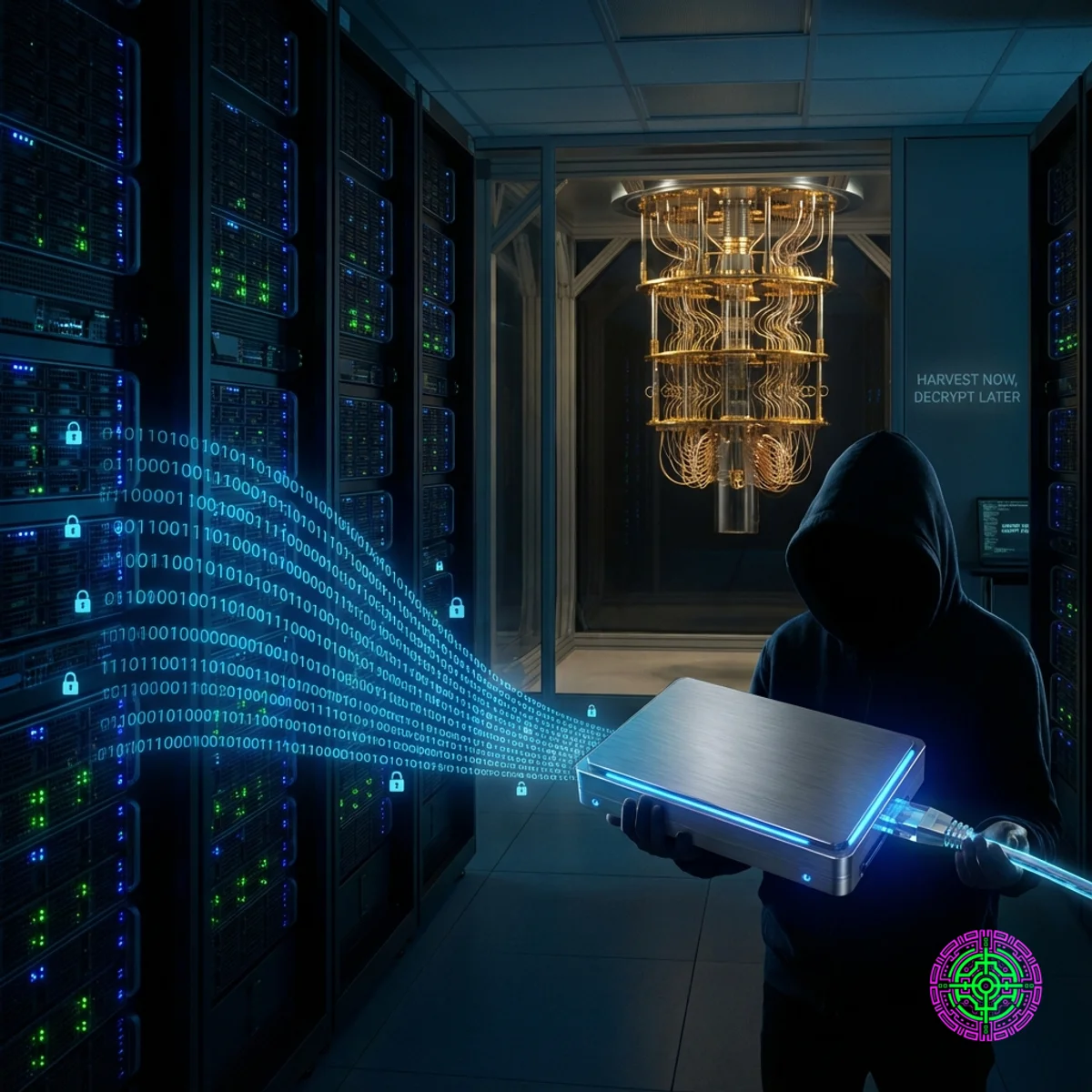 Eine Visualisierung eines dunklen Serverraums, in dem ein Hacker Daten auf ein leuchtendes Laufwerk überträgt, mit einem Quantencomputer-Kronleuchter im Hintergrund.