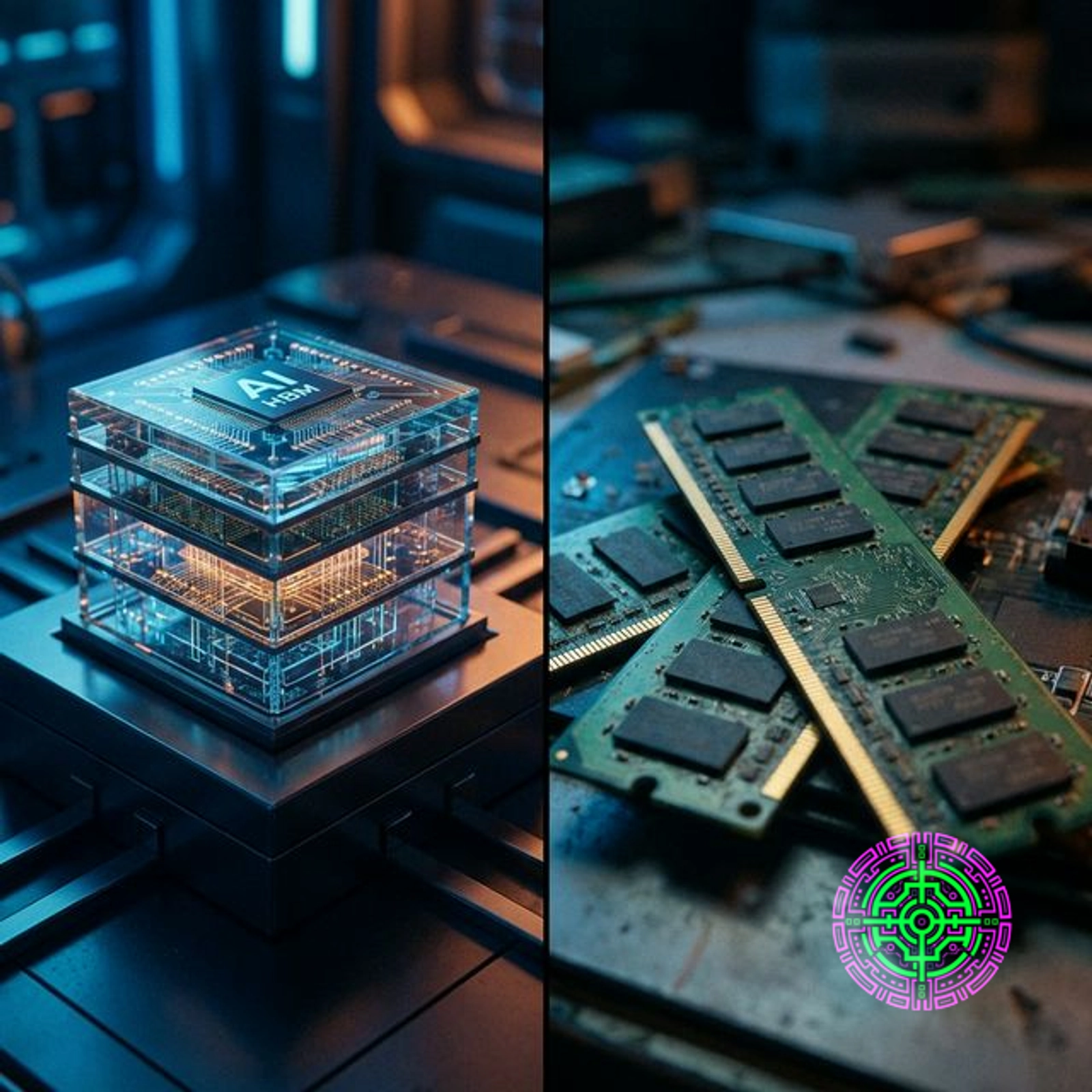Split screen showing a glowing AI HBM chip stack versus a pile of dusty consumer RAM sticks