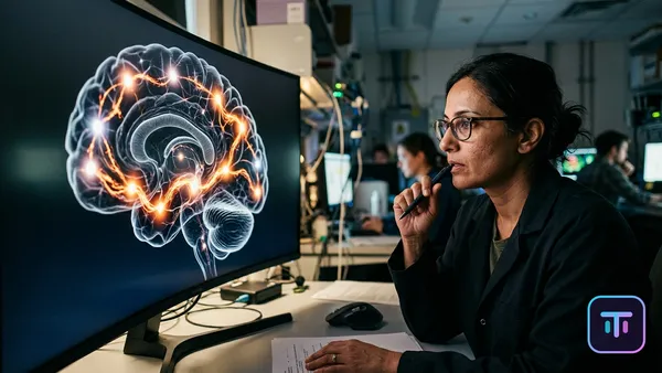 Digitale Gehirnvisualisierung, die zeigt, wie Ketten von Denkprozessen neuronale Pfade sequenziell aufleuchten lassen
