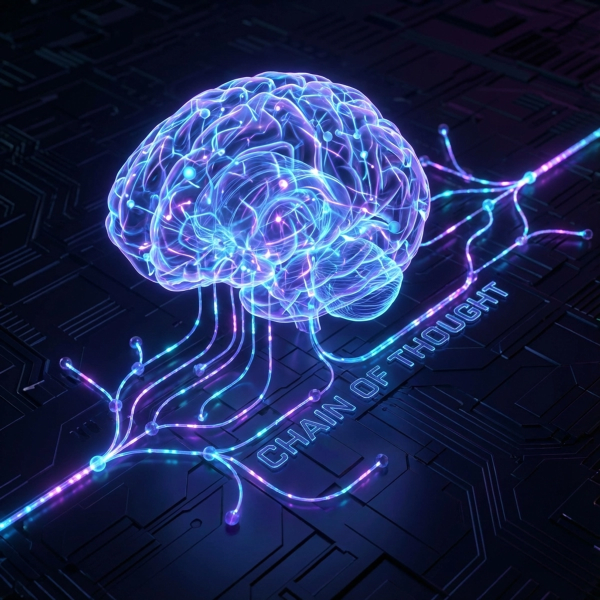 Digital brain visualization showing chain of thought neural pathways lighting up sequentially