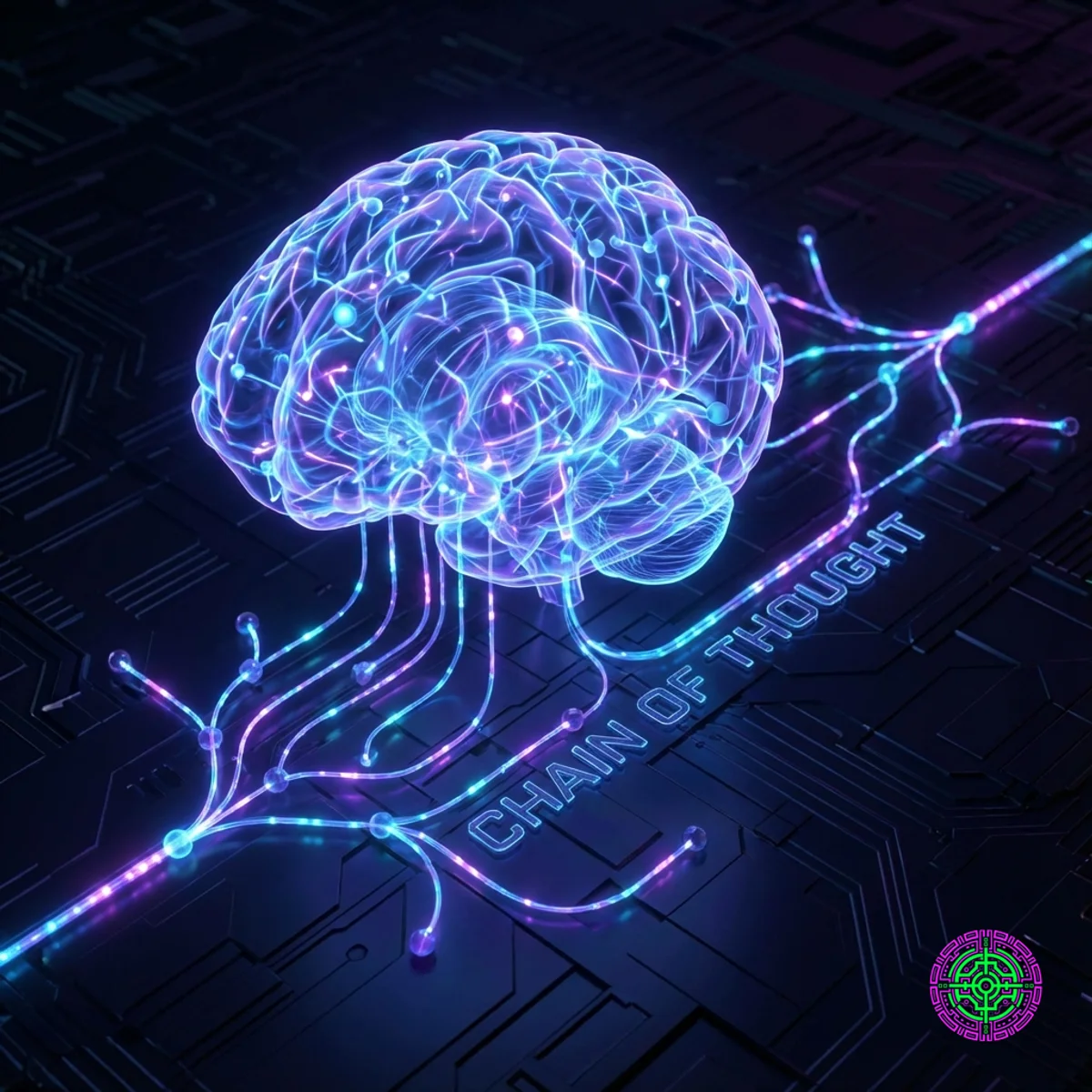 Digitale Gehirnvisualisierung, die zeigt, wie Ketten von Denkprozessen neuronale Pfade sequenziell aufleuchten lassen