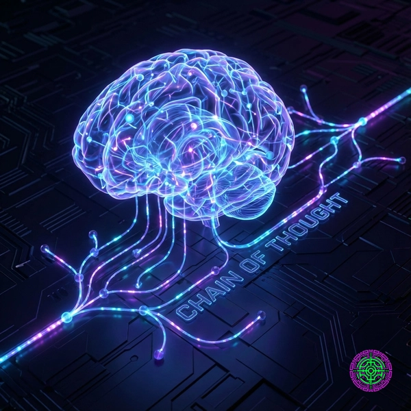 Digital brain visualization showing chain of thought neural pathways lighting up sequentially