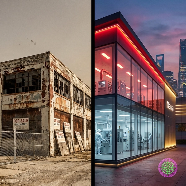 Split screen showing an abandoned western factory versus a futuristic Chinese semiconductor facility