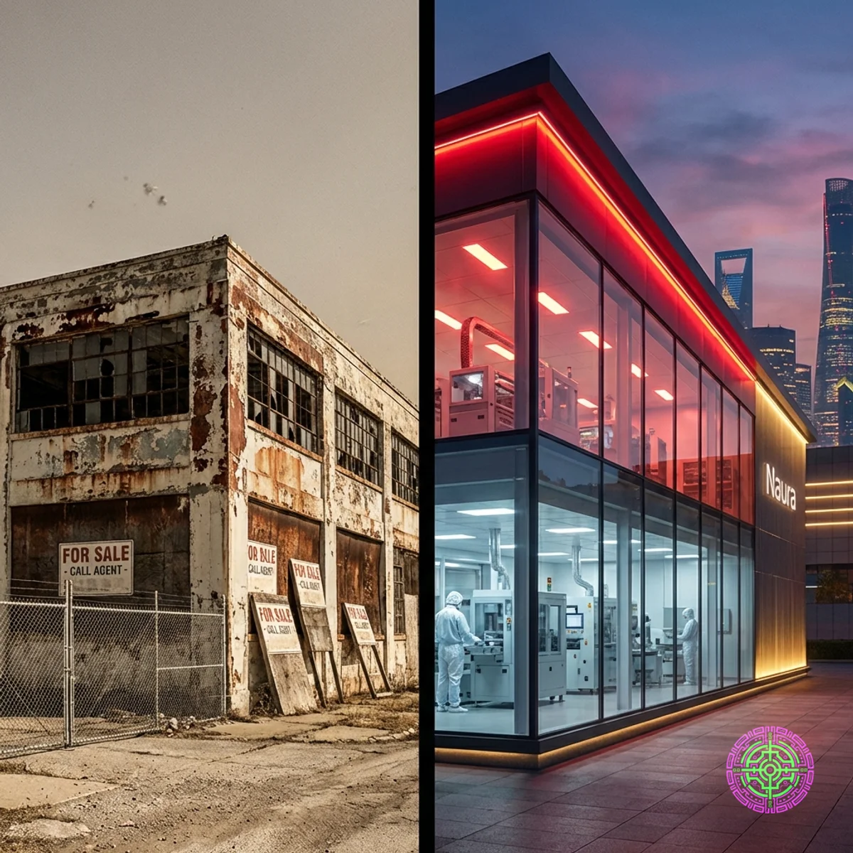 Geteilter Bildschirm, der eine verlassene westliche Fabrik im Vergleich zu einer futuristischen chinesischen Halbleiteranlage zeigt