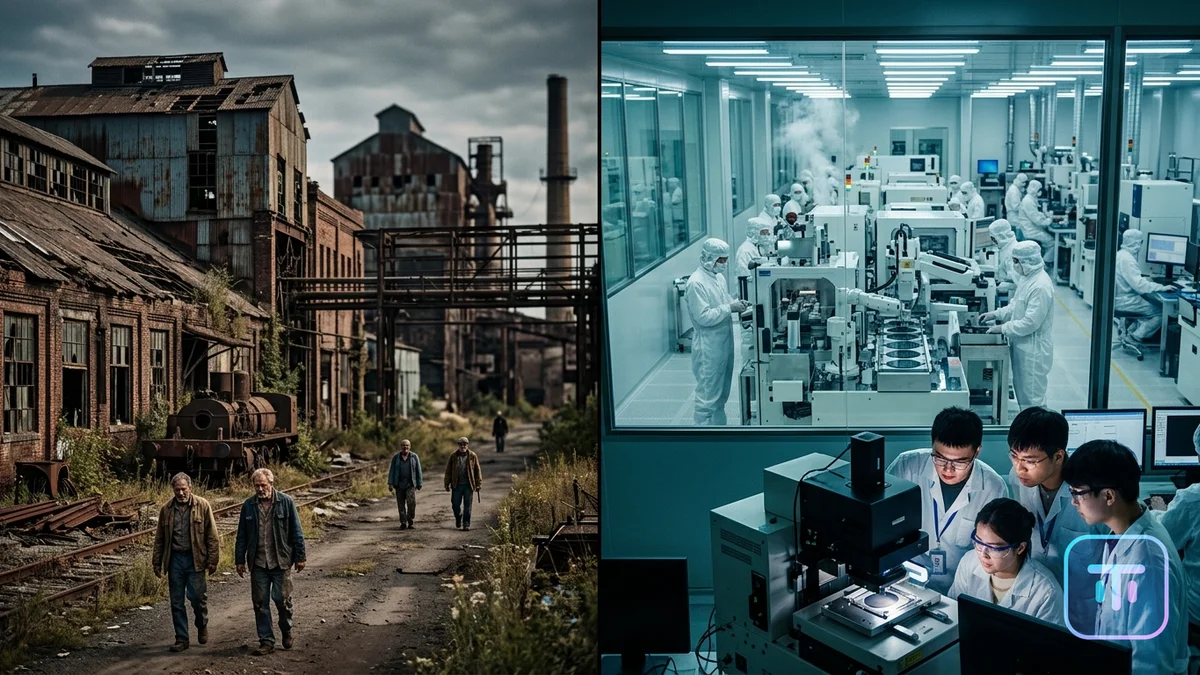 Split screen showing an abandoned western factory versus a futuristic Chinese semiconductor facility