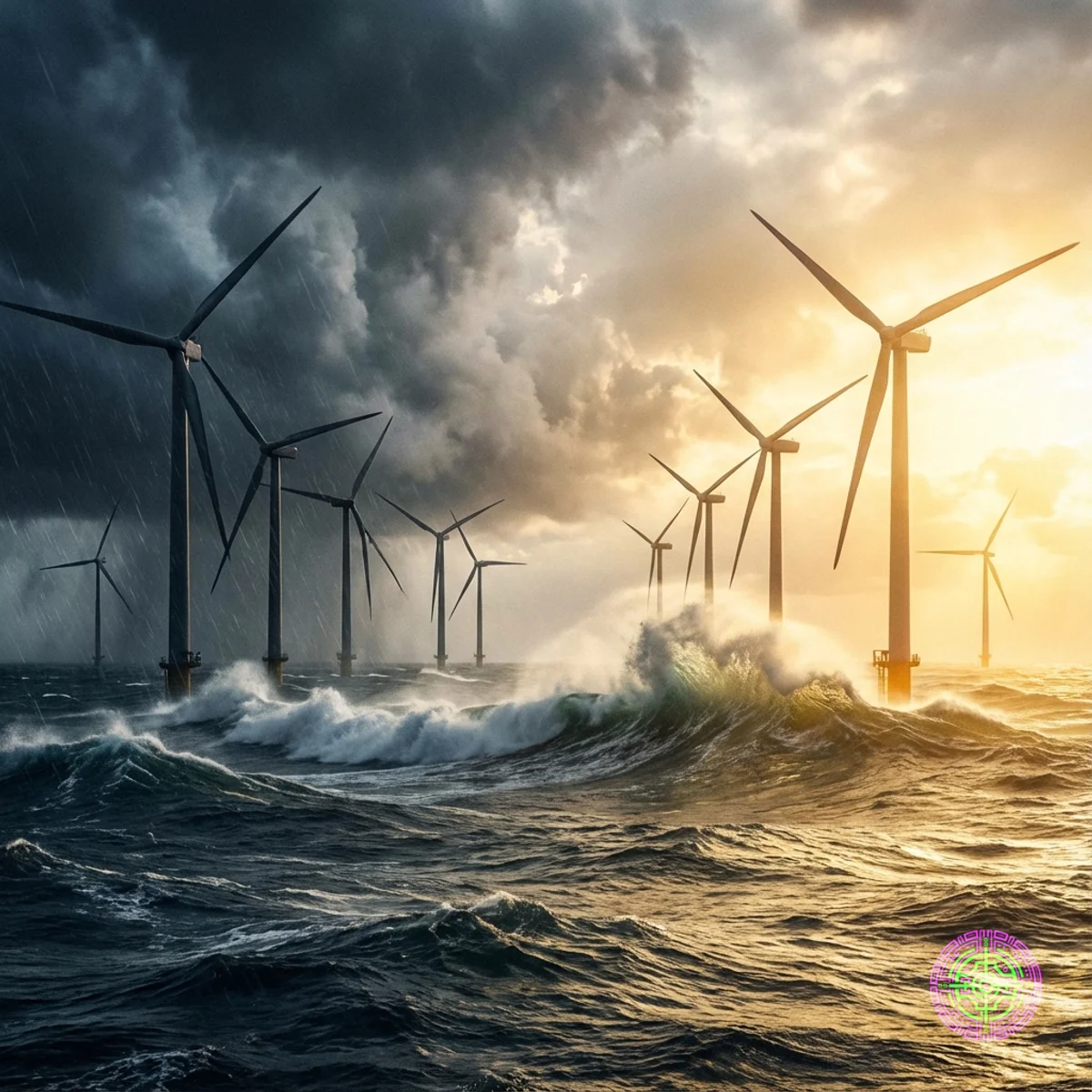Un parc éolien résistant à une tempête, symbolisant la force économique face aux vents politiques contraires.
