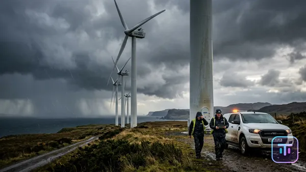 Un parque eólico que se mantiene resistente contra una tormenta, simbolizando la fortaleza económica contra los vientos políticos en contra.