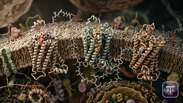 A visualization of the Retatrutide molecule interacting with three different receptors.