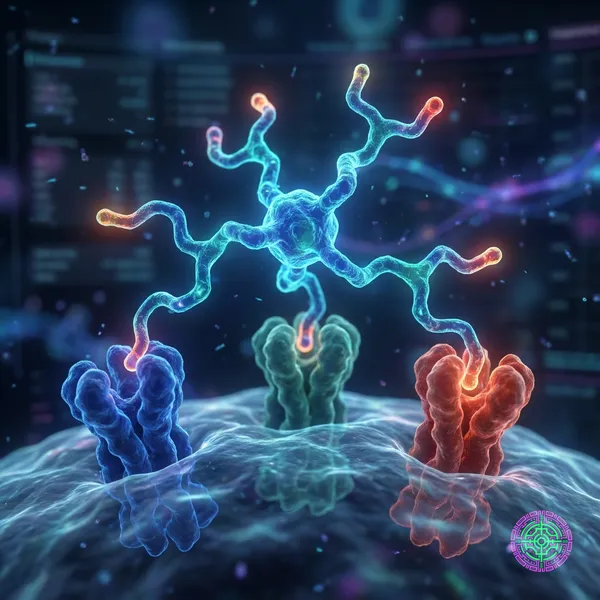 A visualization of the Retatrutide molecule interacting with three different receptors.