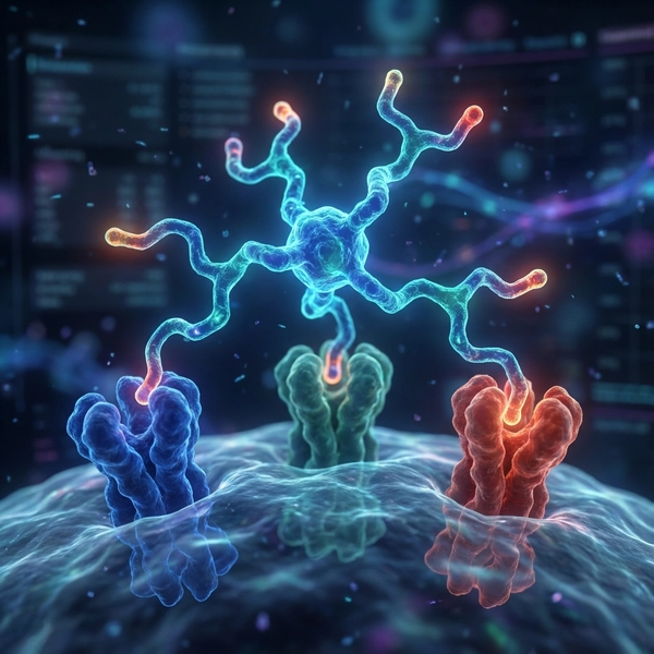 A visualization of the Retatrutide molecule interacting with three different receptors.