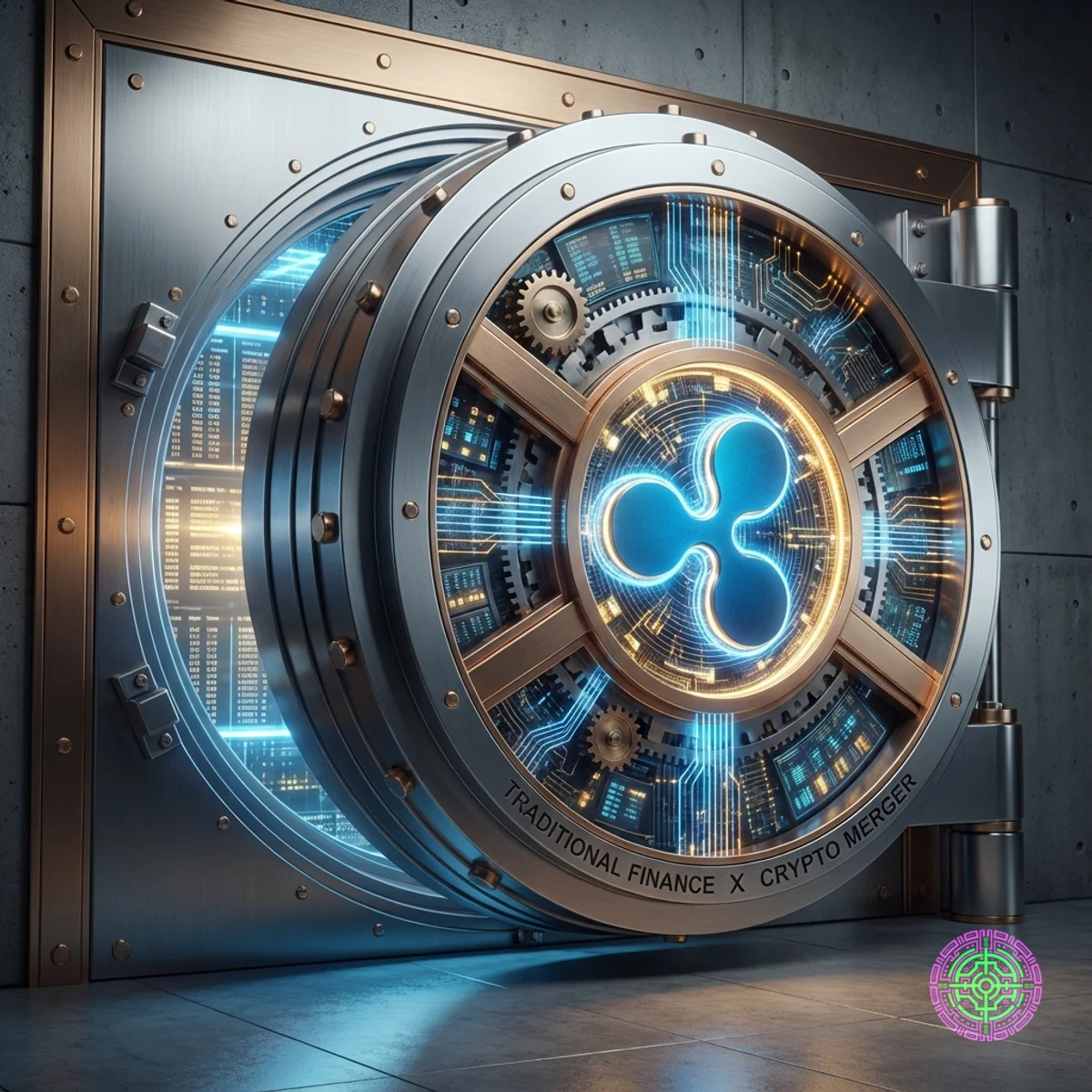 Uma porta de cofre de banco majestosa e moderna com um logotipo Ripple digital brilhante, simbolizando a fusão das finanças tradicionais e cripto.