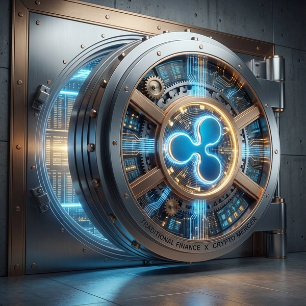 A majestic, modern bank vault door featuring a glowing digital Ripple logo, symbolizing the merger of traditional finance and crypto.