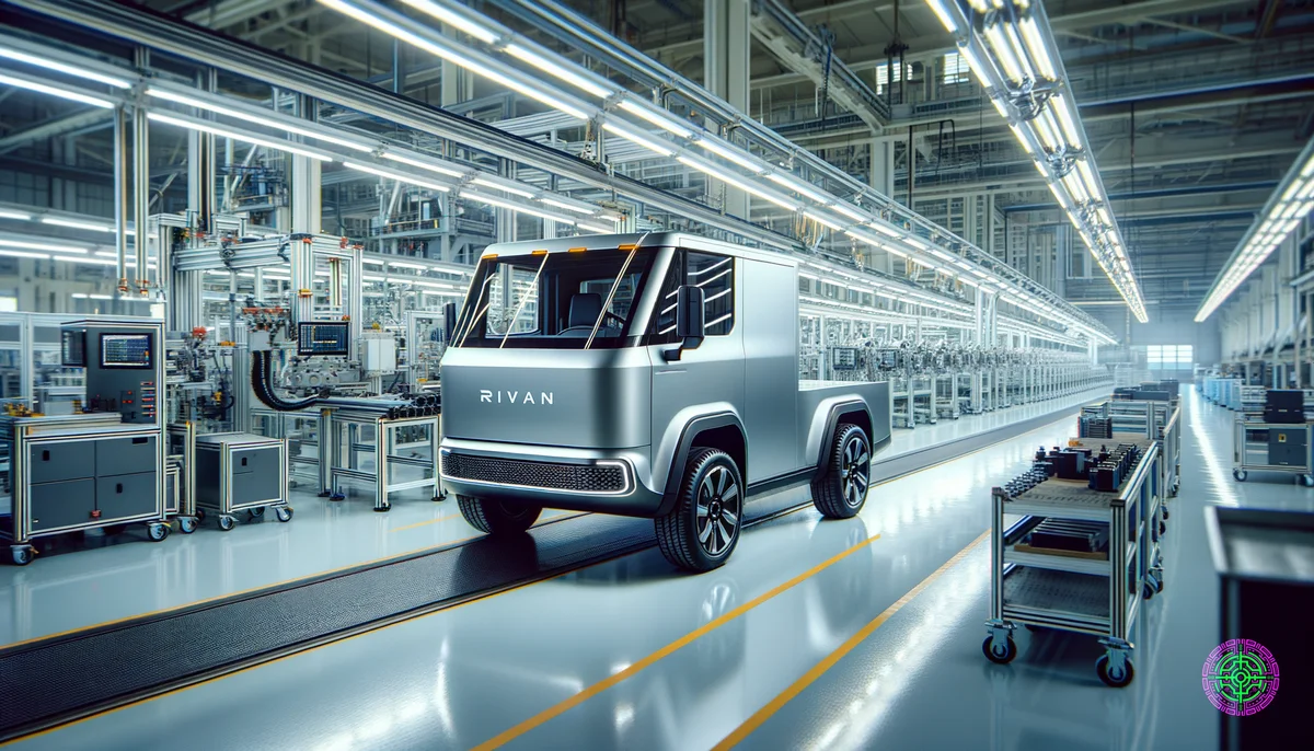 Rivian Elektro-Lkw am Fließband in einer sauberen, modernen Fabrik