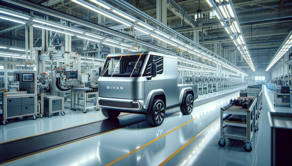 Rivian electric truck on a production line in a clean modern factory