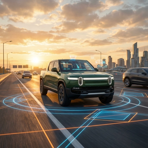 Rivian R1T driving autonomously on a highway with sensor visualization