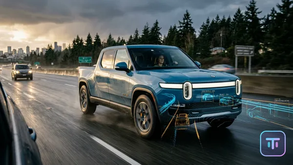 Rivian R1T在高速公路上自动驾驶，带有传感器可视化