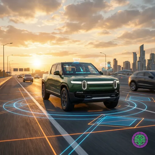 Rivian R1T driving autonomously on a highway with sensor visualization