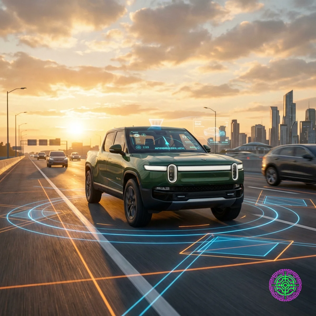 Rivian R1T fährt autonom auf einer Autobahn mit Sensorvisualisierung