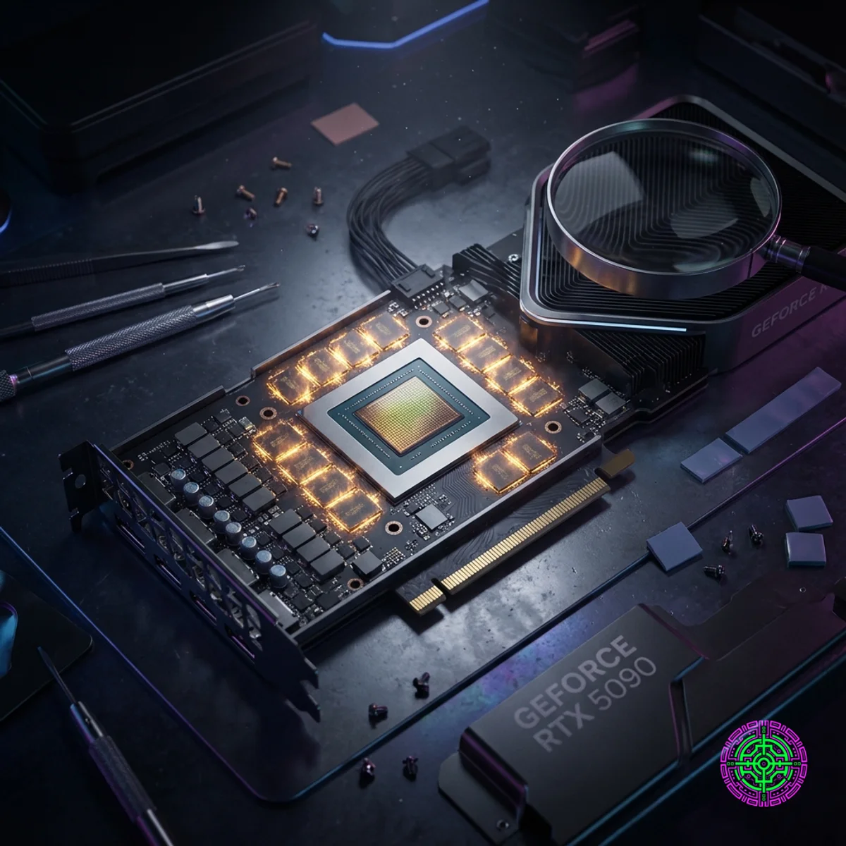 Eine High-End-NVIDIA GeForce RTX 5090-Grafikkarte wird zerlegt, um die GDDR7-Speicherchips um den GPU-Kern herum freizulegen, die in goldenem Licht leuchten.