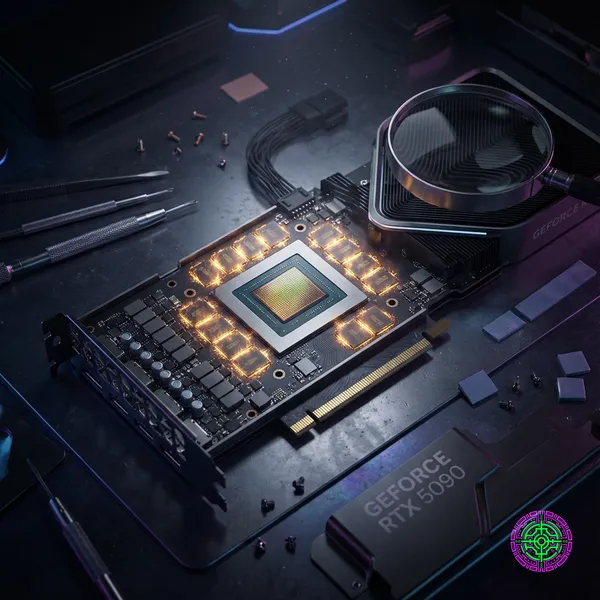 A high-end NVIDIA GeForce RTX 5090 graphics card being disassembled to reveal the GDDR7 memory chips around the GPU core, glowing with a golden light.