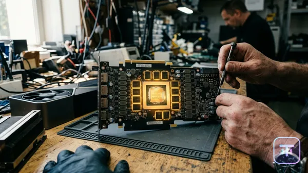 Eine High-End-NVIDIA GeForce RTX 5090-Grafikkarte wird zerlegt, um die GDDR7-Speicherchips um den GPU-Kern herum freizulegen, die in goldenem Licht leuchten.