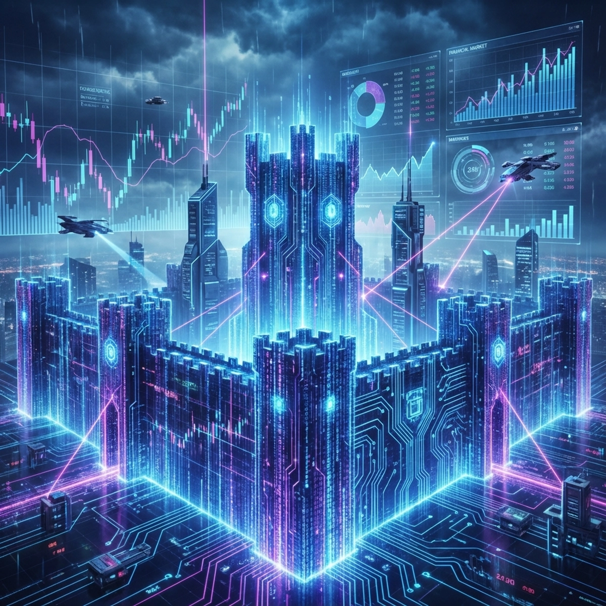 Futuristic digital fortress representing cybersecurity data streams