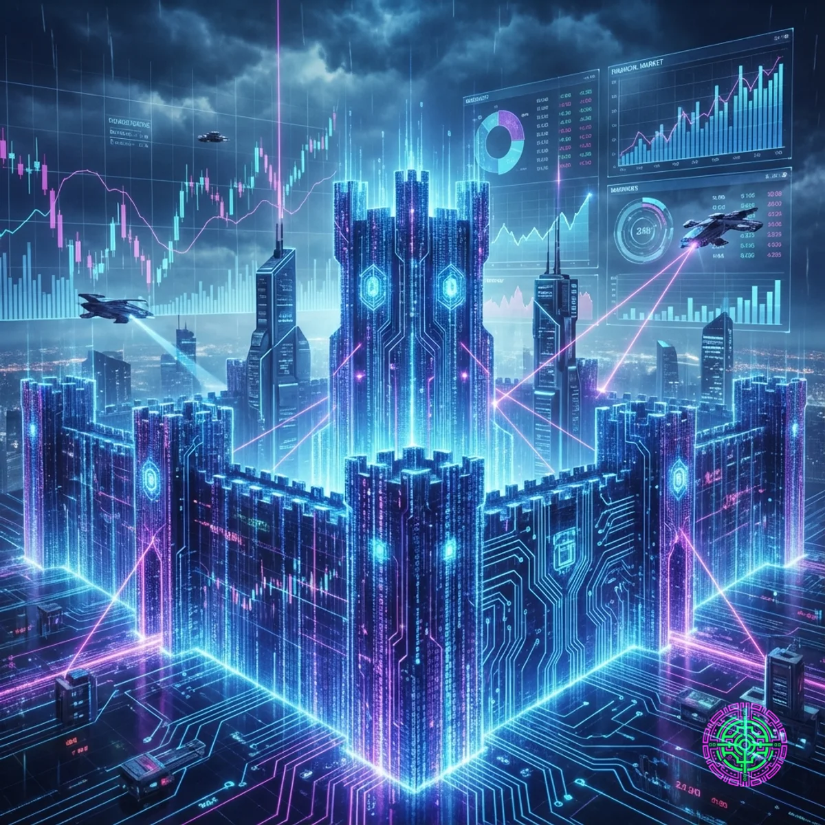 Fortaleza digital futurista que representa flujos de datos de ciberseguridad