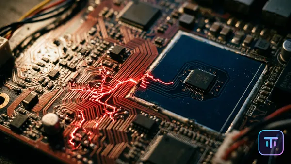 Une vue macro d'une carte de circuit imprimé montrant une corruption numérique rouge se propageant à travers des traces contre une zone sécurisée localisée bleue.