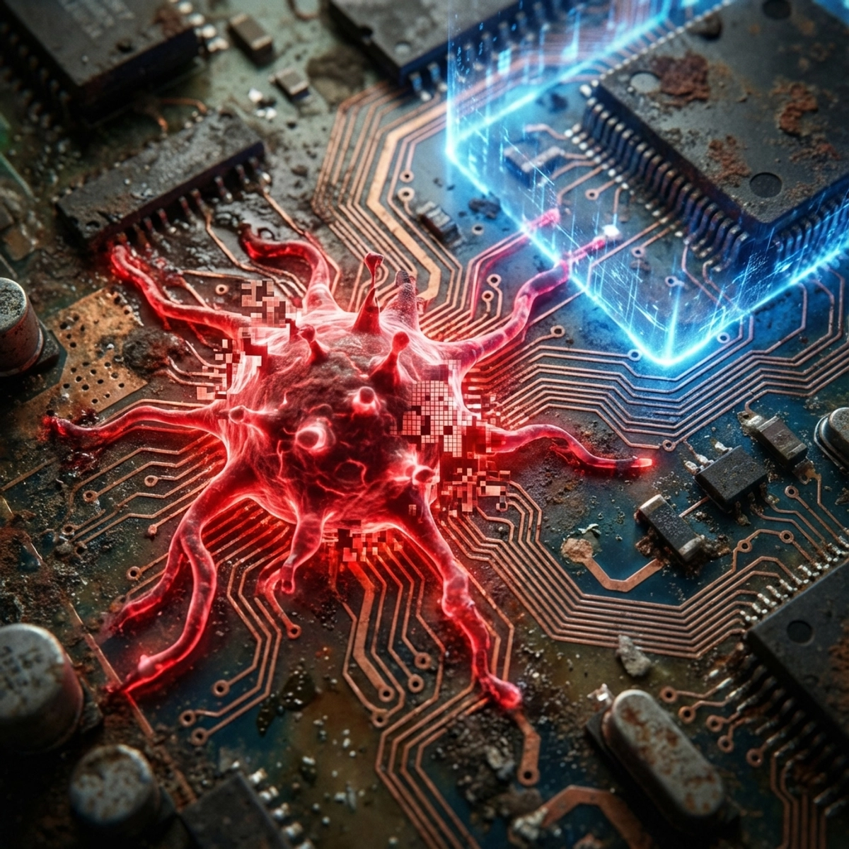 Uma visão macro de uma placa de circuito mostrando uma corrupção digital vermelha se espalhando através de traços contra uma área segura localizada azul.