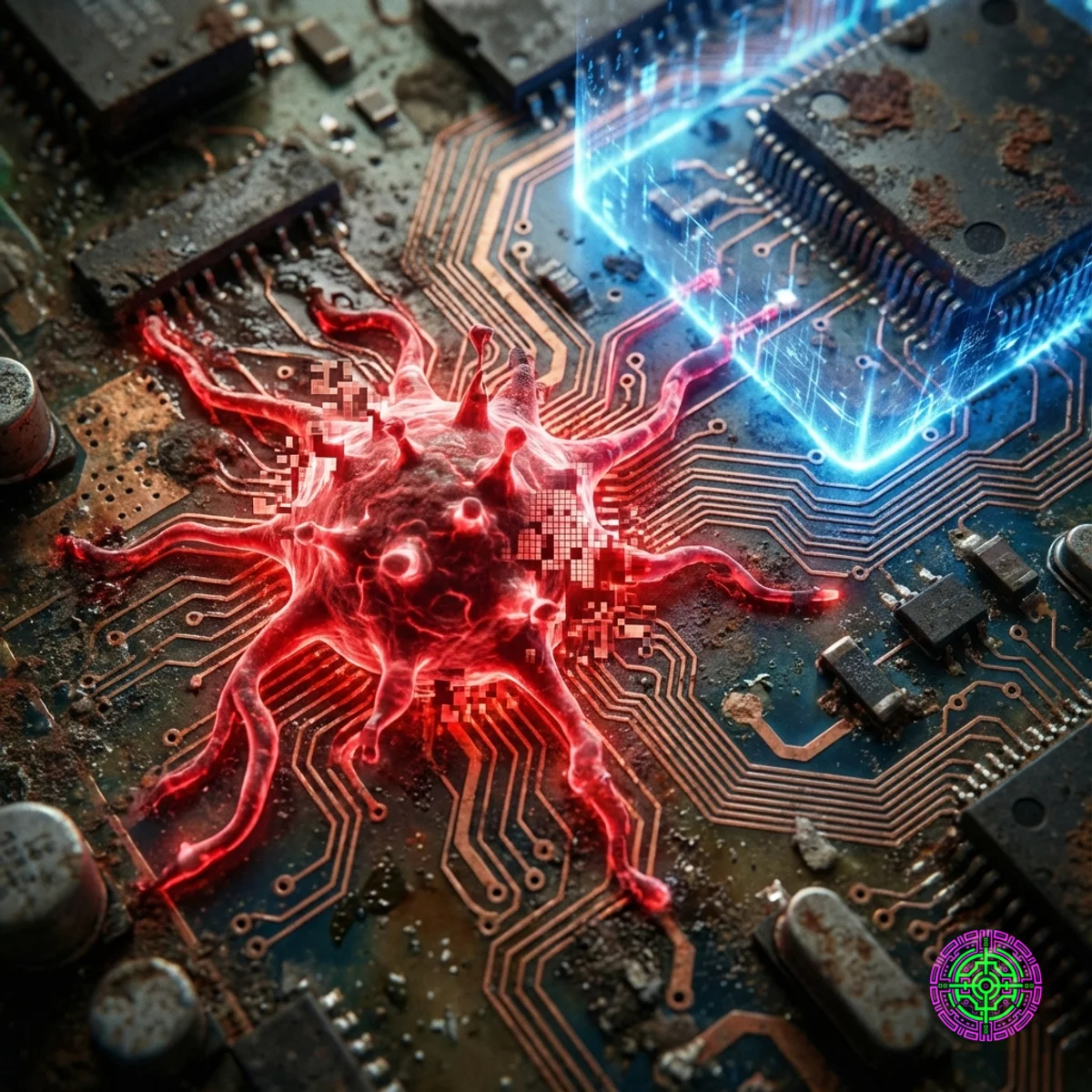 Une vue macro d'une carte de circuit imprimé montrant une corruption numérique rouge se propageant à travers des traces contre une zone sécurisée localisée bleue.