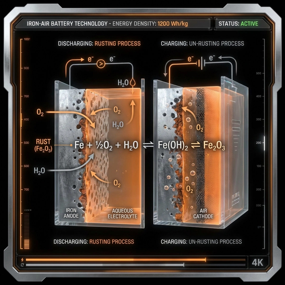 Cross-section illustration of an iron-air battery cell showing the rusting and un-rusting cycle