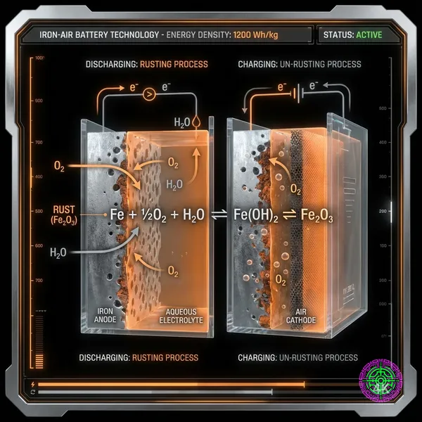 Cross-section illustration of an iron-air battery cell showing the rusting and un-rusting cycle