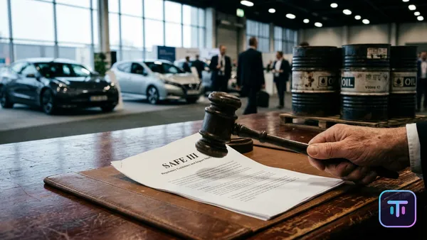 Un mazo legal golpeando un documento titulado SAFE III con vehículos eléctricos y barriles de petróleo en el fondo
