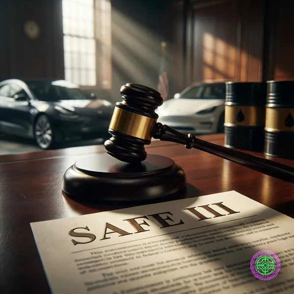 A legal gavel striking a document titled SAFE III with electric vehicles and oil barrels in the background