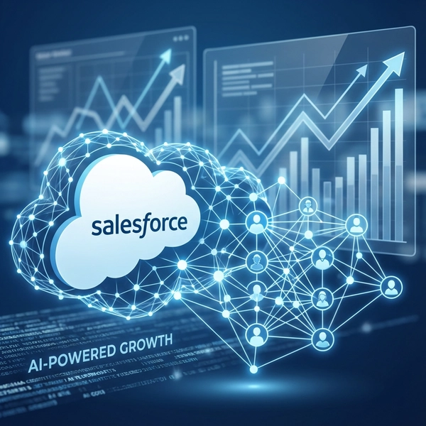 Futuristic illustration of Salesforce logo with glowing AI agent networks and rising financial charts