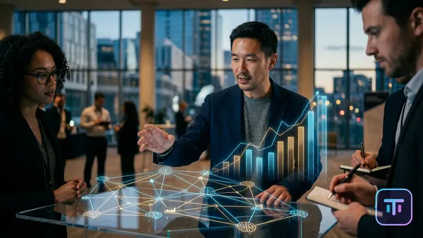 Futuristic illustration of Salesforce logo with glowing AI agent networks and rising financial charts