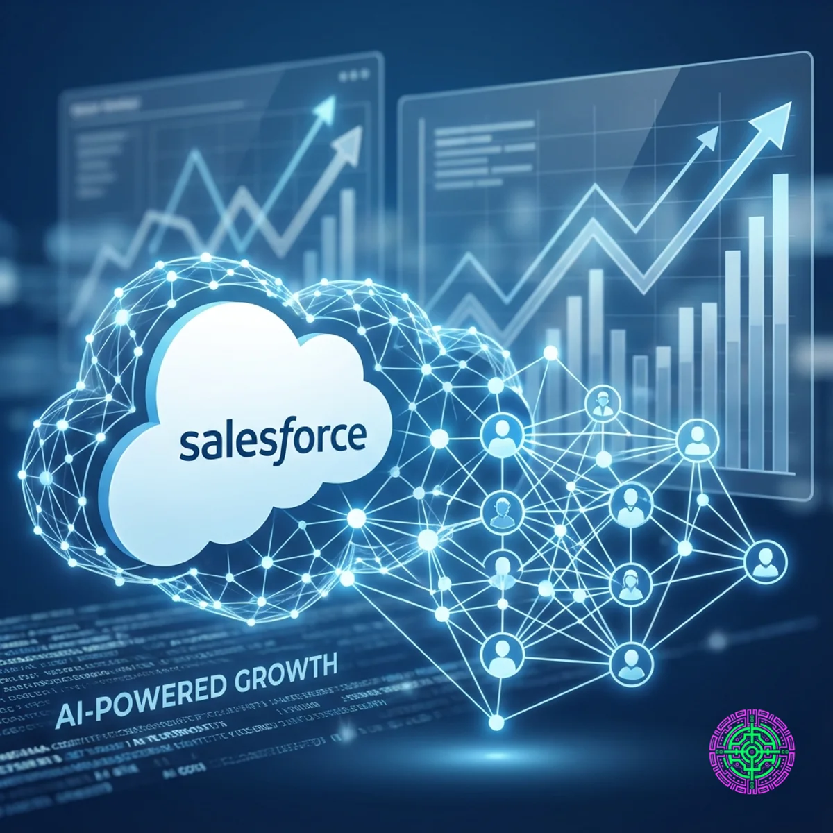 Illustration futuriste du logo Salesforce avec des réseaux d'agents d'IA lumineux et des graphiques financiers en hausse