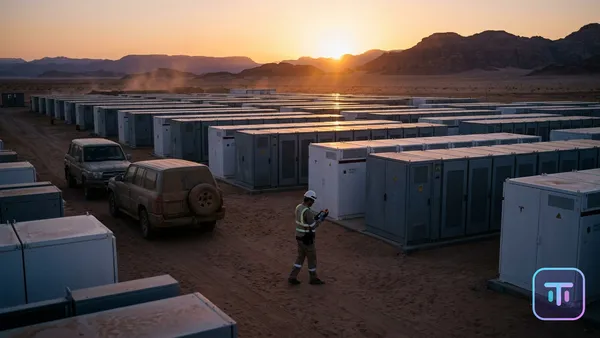 A massive battery storage farm in the Saudi Arabian desert at sunset