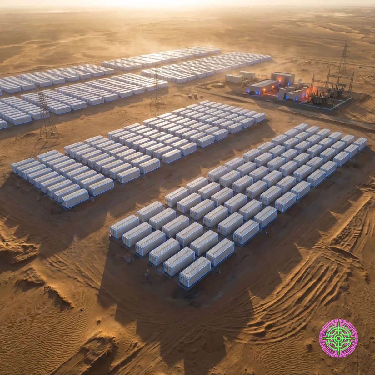 Une immense ferme de stockage de batteries dans le désert saoudien au coucher du soleil