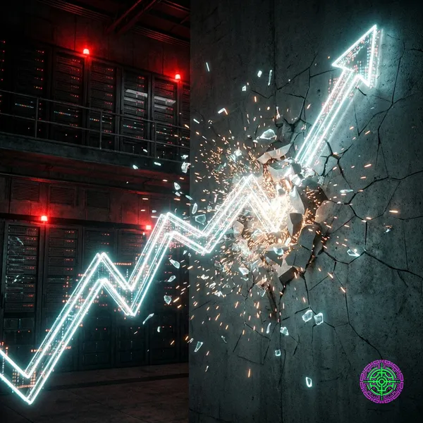 A visualized graph of AI scaling laws hitting a plateau against a backdrop of burning server racks.