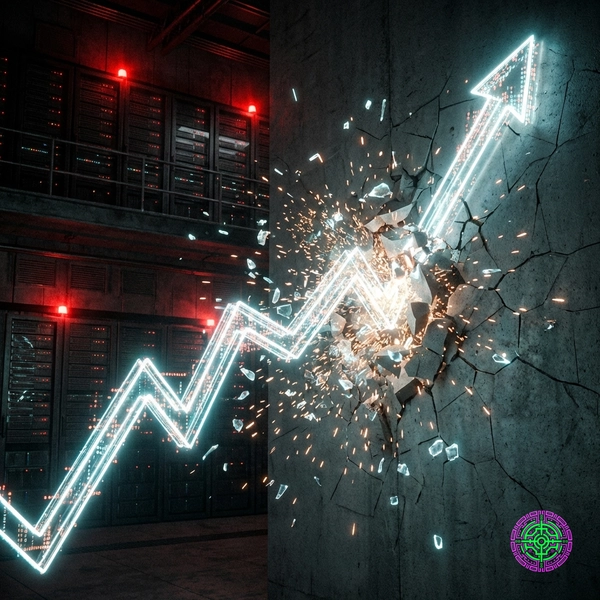 A visualized graph of AI scaling laws hitting a plateau against a backdrop of burning server racks.